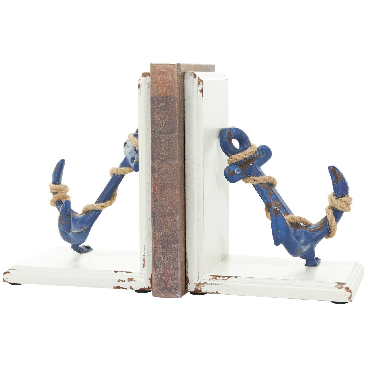 8" Blue Wood Anchor Distressed Bookends with Rope Accents & White Wood Stands Set